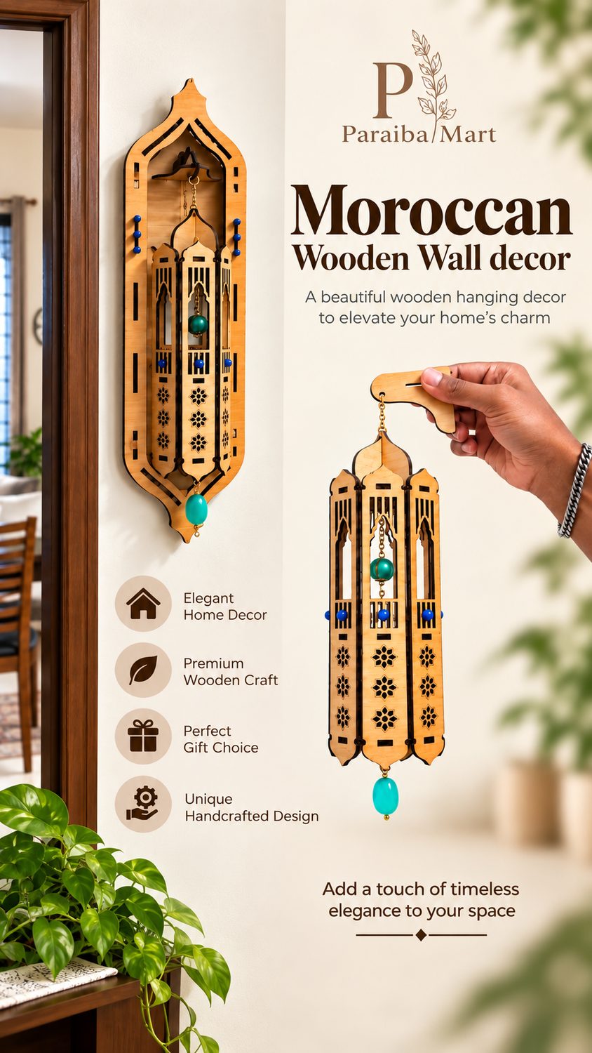 Moroccan style wooden wall decor - handmade plywood wall hanging with lantern design