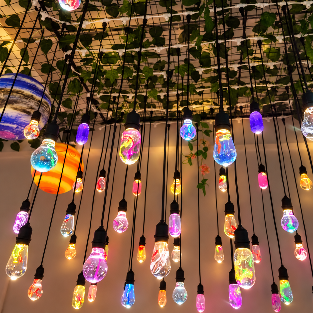 Colorful resin LED string lights hanging in garden