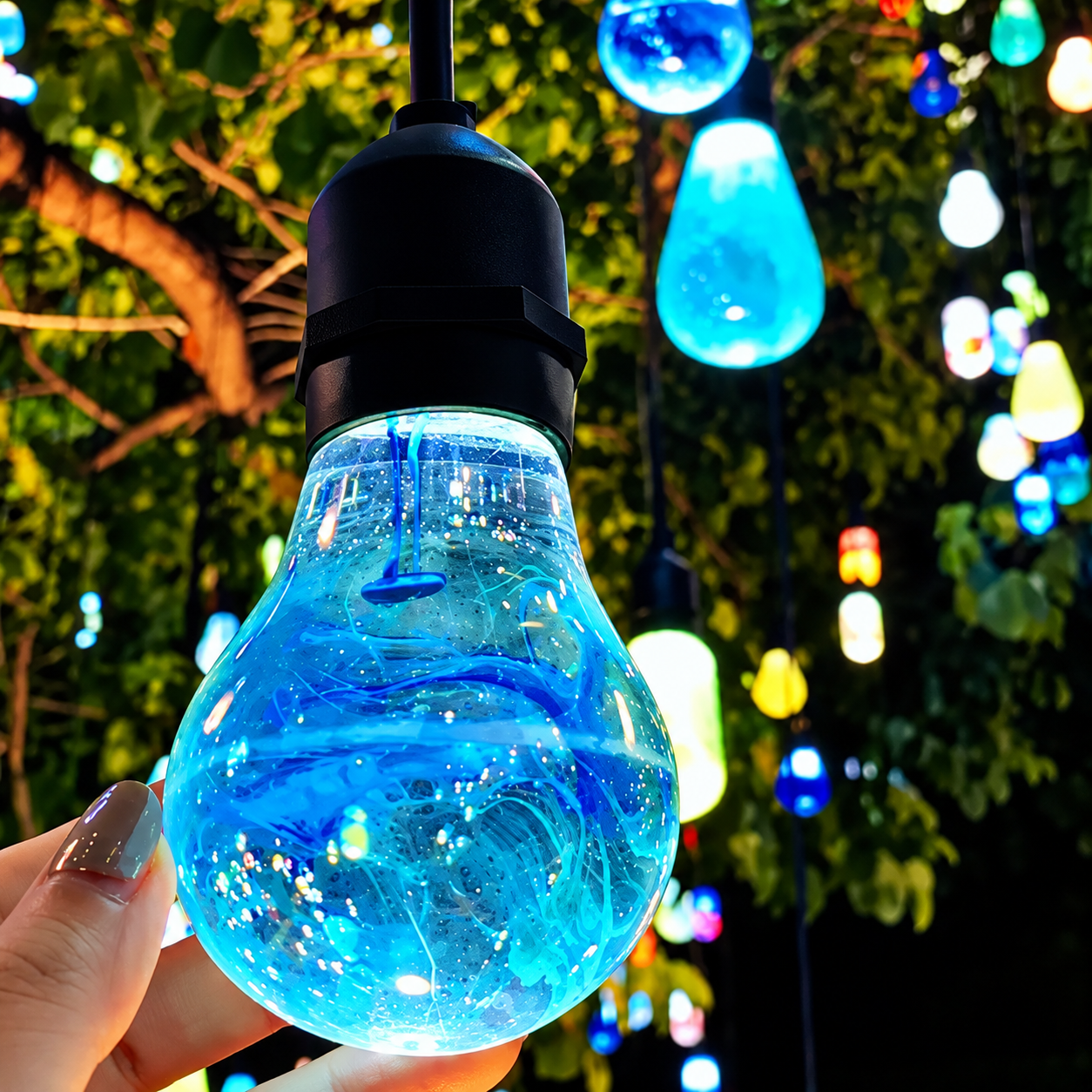 Close-up of blue resin swirl LED bulb